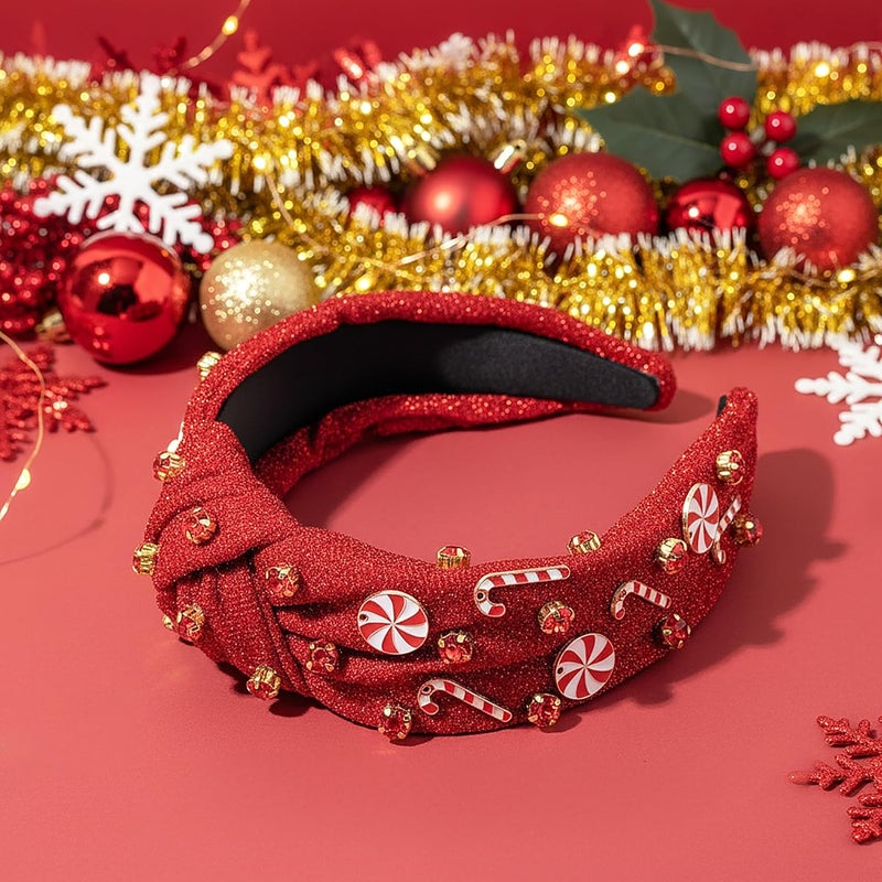 PANTIDE Christmas Jeweled Knotted Headband - Xmas Candy Cane Lollipop Rhinestone Crystal Embellished Headband Wide Top Knot Fashion Glitter Hairband Hair Accessories Birthday Gift for Women Girl (Red) - Image 4